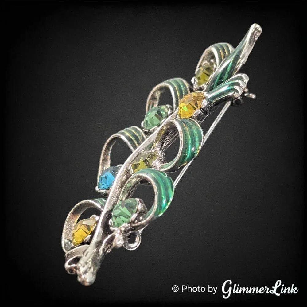 Vintage Enamel Rhinestone Leaf Brooch Silver Tone Green Ribbon Curl Design